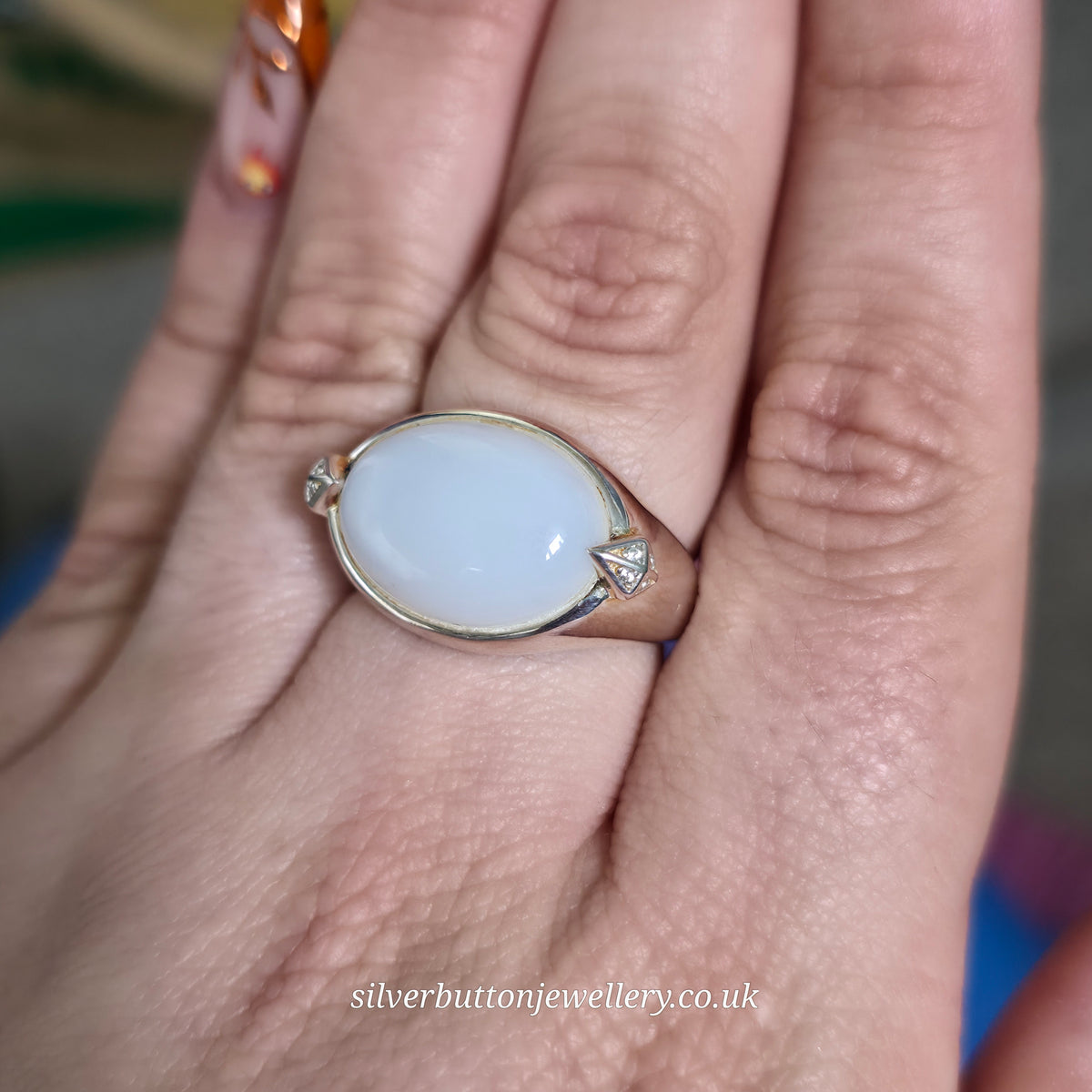 Sterling Silver Large Chunky Oval Cabochon White Chalcedony And Zircon Ring