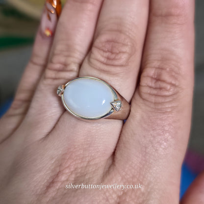 Sterling Silver Large Chunky Oval Cabochon White Chalcedony And Zircon Ring