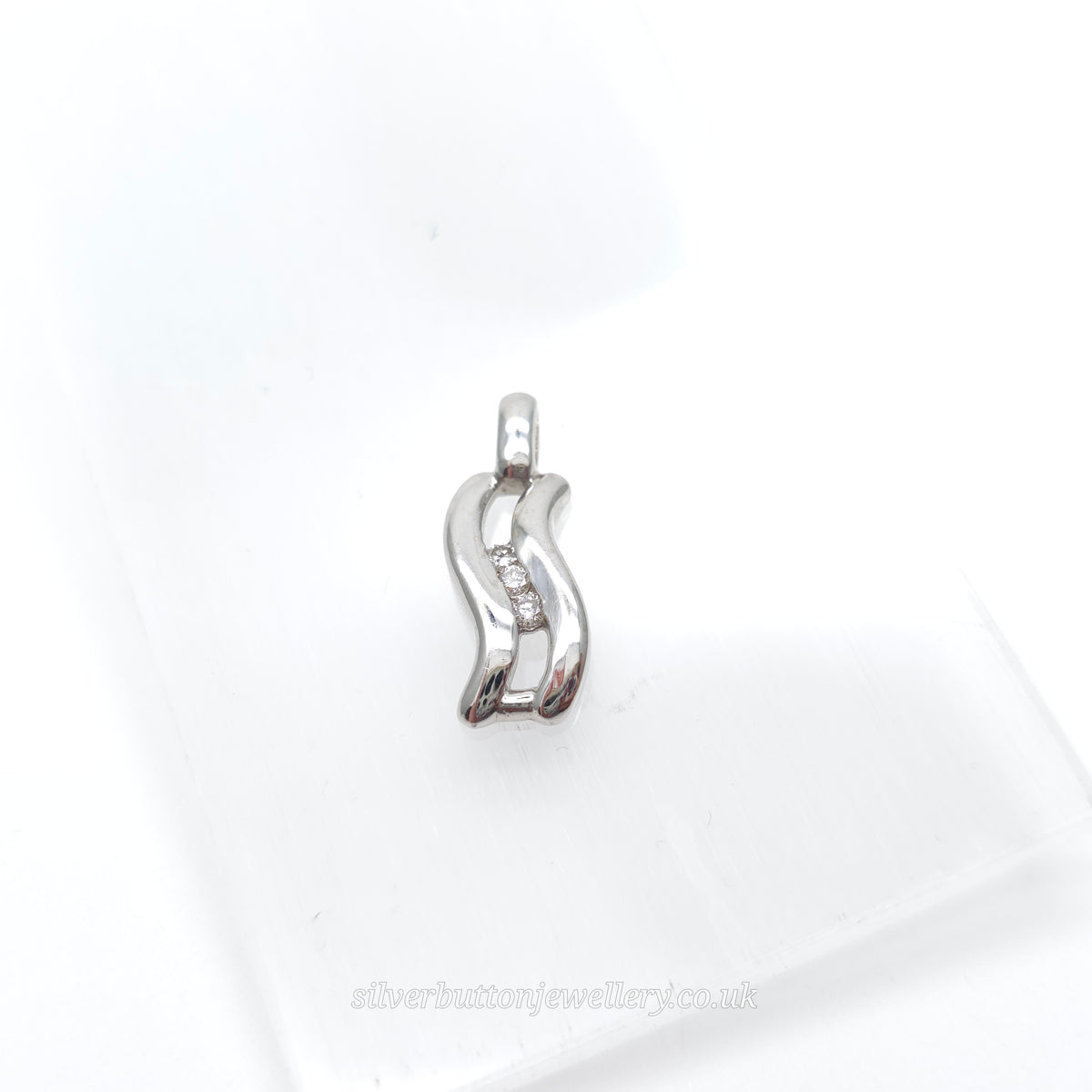 9ct White Gold Small Double Wave Round Cut Diamond Trilogy Pendant