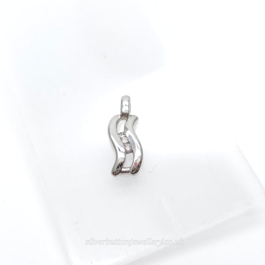 9ct White Gold Small Double Wave Round Cut Diamond Trilogy Pendant