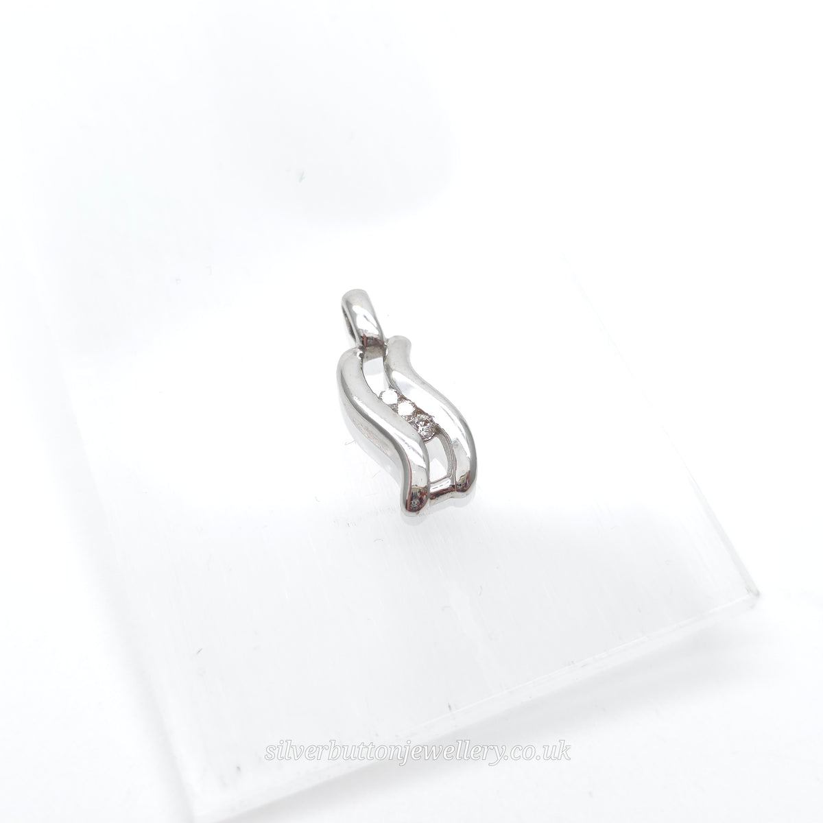 9ct White Gold Small Double Wave Round Cut Diamond Trilogy Pendant