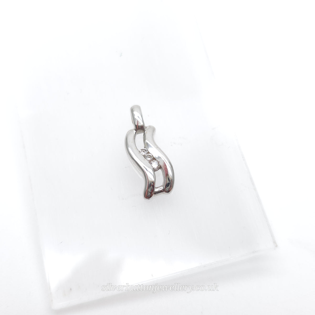 9ct White Gold Small Double Wave Round Cut Diamond Trilogy Pendant