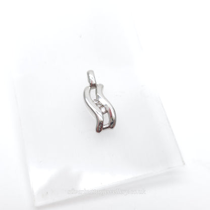 9ct White Gold Small Double Wave Round Cut Diamond Trilogy Pendant