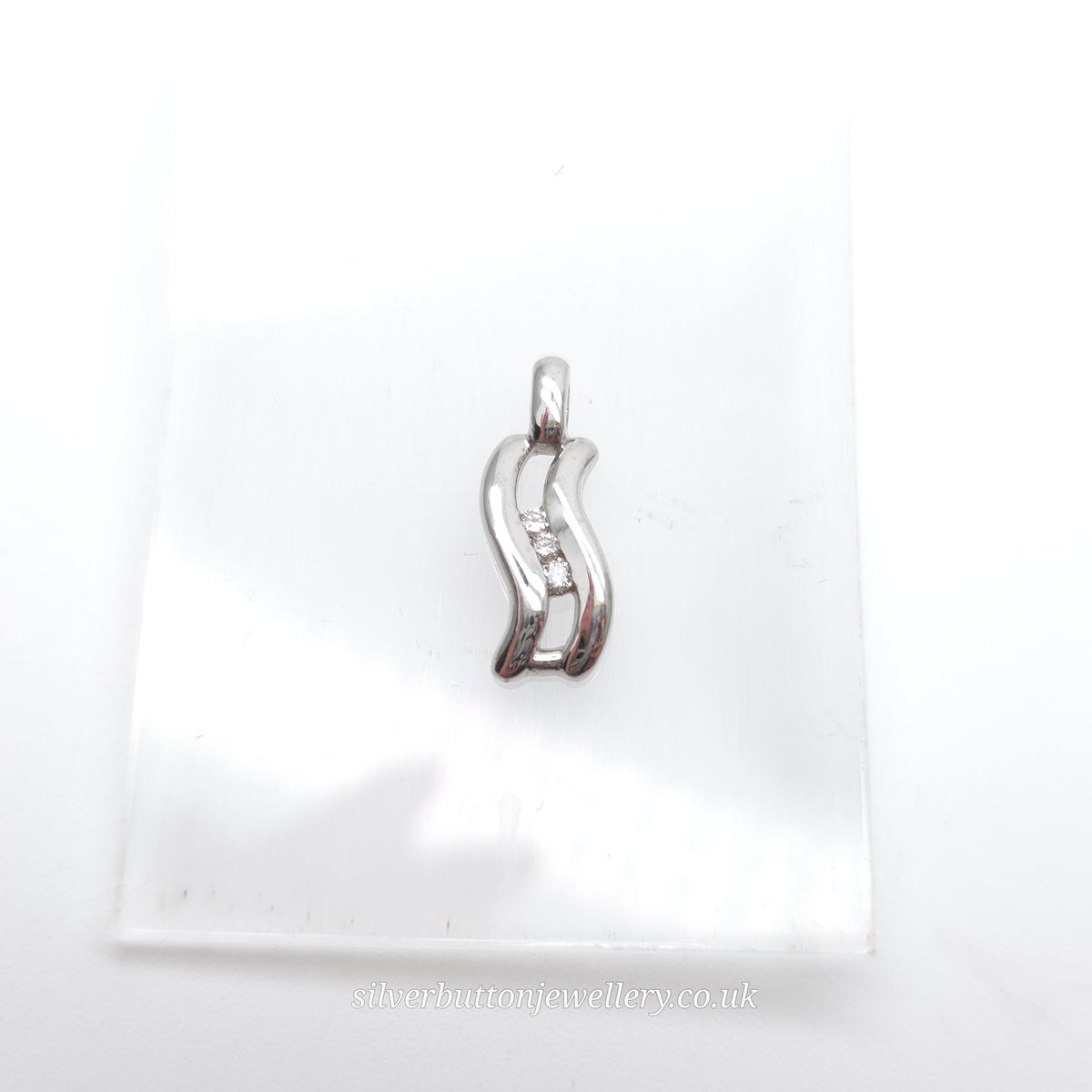 9ct White Gold Small Double Wave Round Cut Diamond Trilogy Pendant