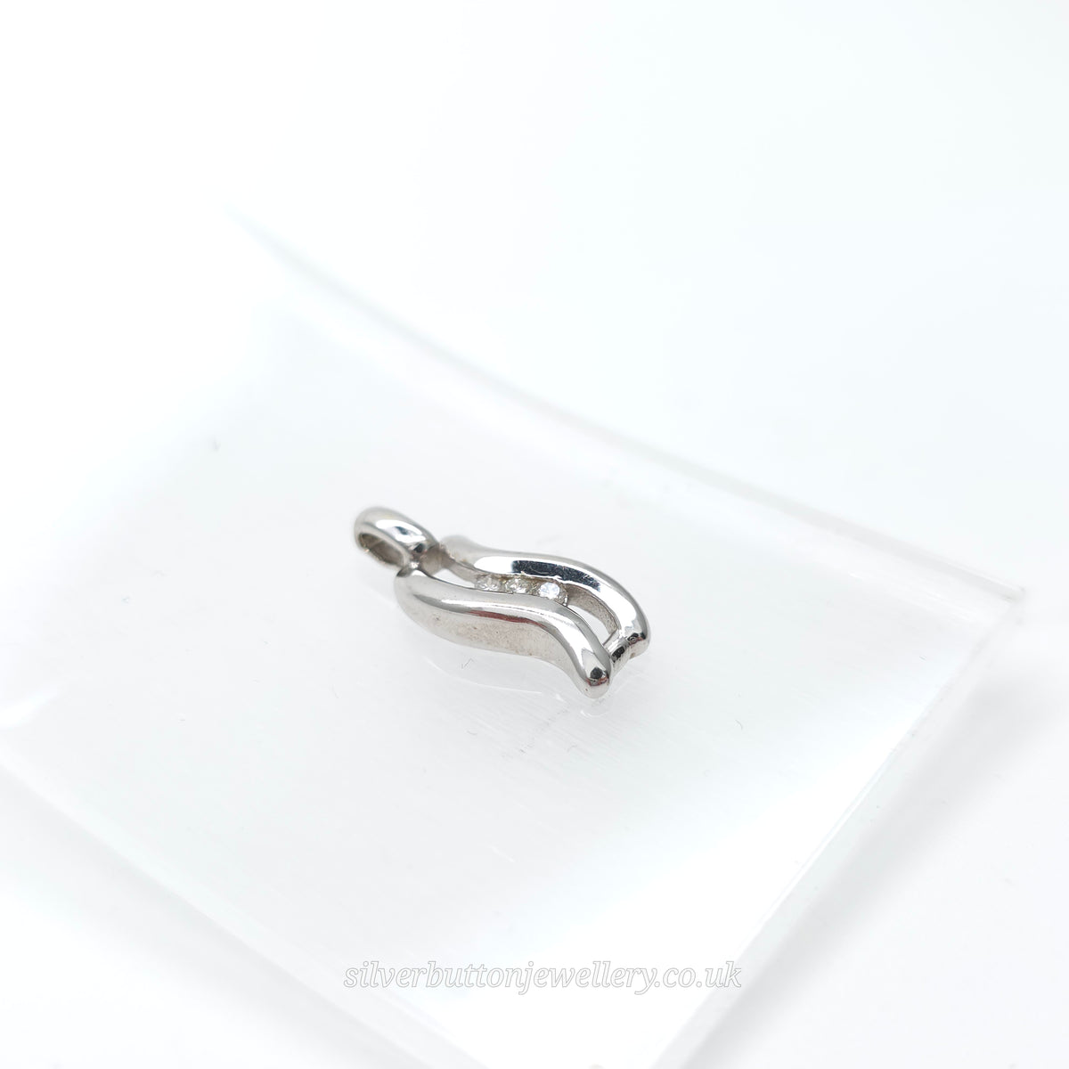 9ct White Gold Small Double Wave Round Cut Diamond Trilogy Pendant