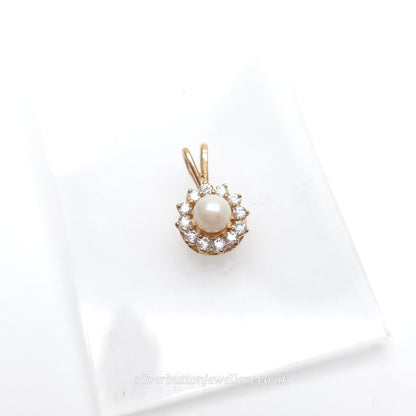 9ct Yellow Gold Small White Pearl And White Stone Halo Cluster Pendant Piece