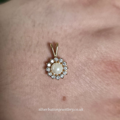 9ct Yellow Gold Small White Pearl And White Stone Halo Cluster Pendant Piece