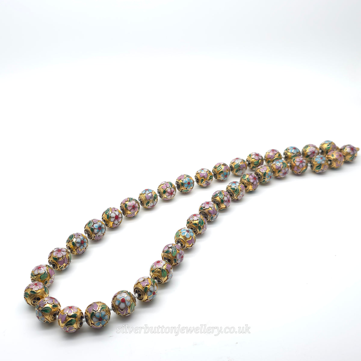 Vintage Gold Plated Enamel Floral Patterned Cloisonne Knotted Bead Necklace