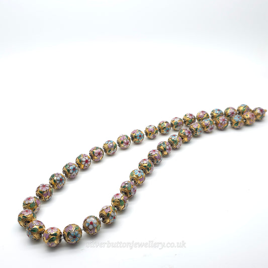 Vintage Gold Plated Enamel Floral Patterned Cloisonne Knotted Bead Necklace
