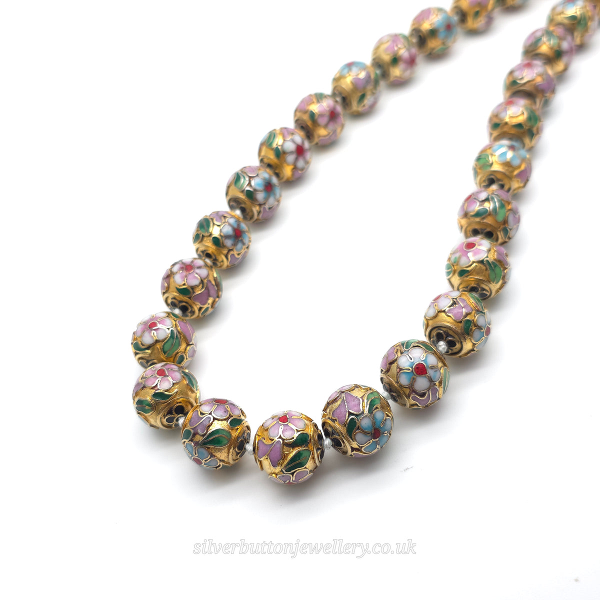 Vintage Gold Plated Enamel Floral Patterned Cloisonne Knotted Bead Necklace