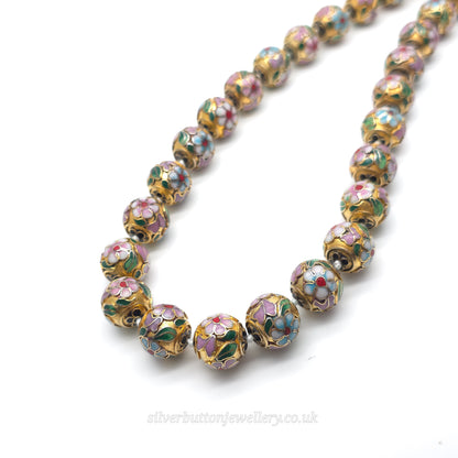 Vintage Gold Plated Enamel Floral Patterned Cloisonne Knotted Bead Necklace