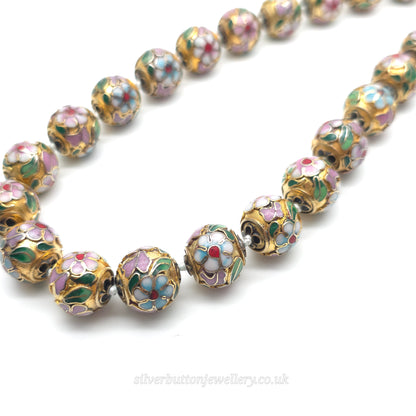 Vintage Gold Plated Enamel Floral Patterned Cloisonne Knotted Bead Necklace
