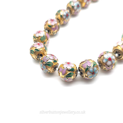 Vintage Gold Plated Enamel Floral Patterned Cloisonne Knotted Bead Necklace