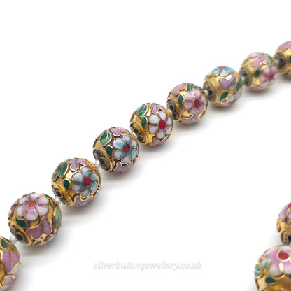 Vintage Gold Plated Enamel Floral Patterned Cloisonne Knotted Bead Necklace