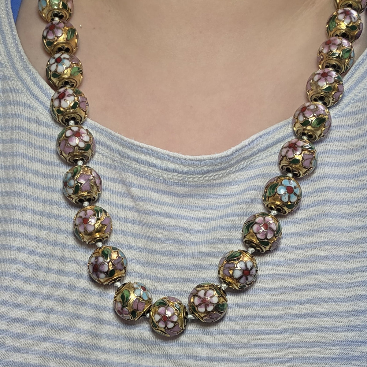 Vintage Gold Plated Enamel Floral Patterned Cloisonne Knotted Bead Necklace