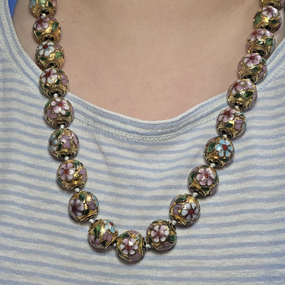 Vintage Gold Plated Enamel Floral Patterned Cloisonne Knotted Bead Necklace