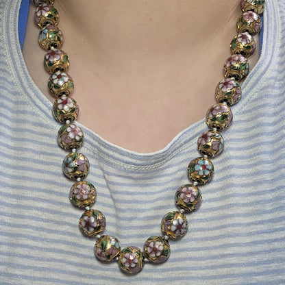 Vintage Gold Plated Enamel Floral Patterned Cloisonne Knotted Bead Necklace