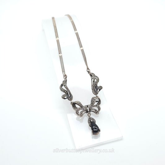 Sterling Silver Vintage Marcasite And Onyx Swirly Link Bow Y-Drop Necklace