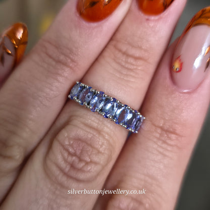 Sterling Silver Oval Cut Multi-Stone Tanzanite Half Eternity Style Row Ring