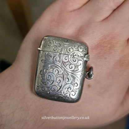 Sterling Silver Antique Engraved Scrollwork Patterned Vesta Case 1905