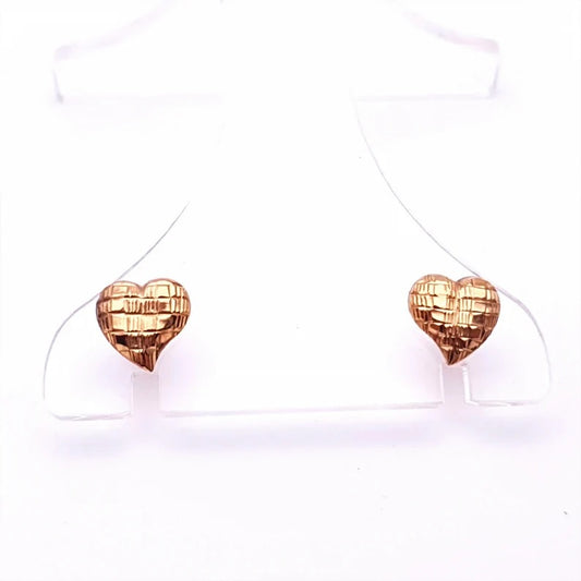 9ct yellow gold textured and domed heart stud earrings