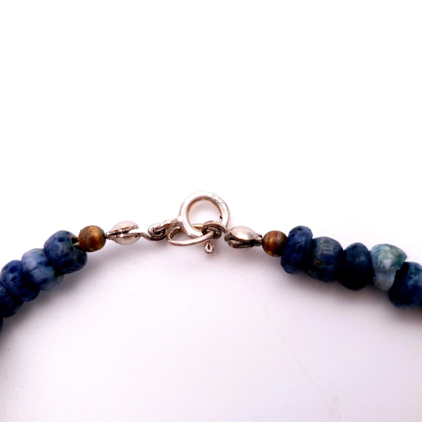 dyed dark blue coral bead necklace with sterling silver catch