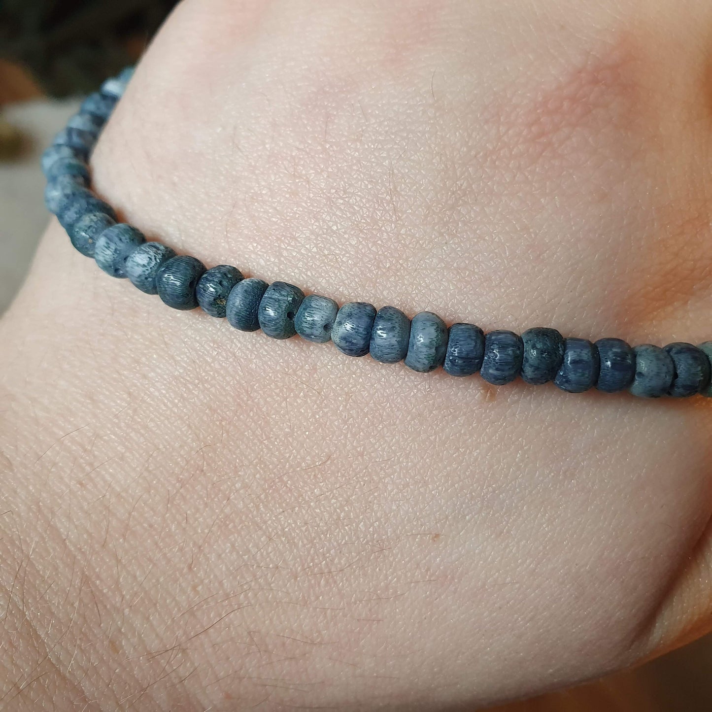 dyed dark blue coral bead necklace with sterling silver catch