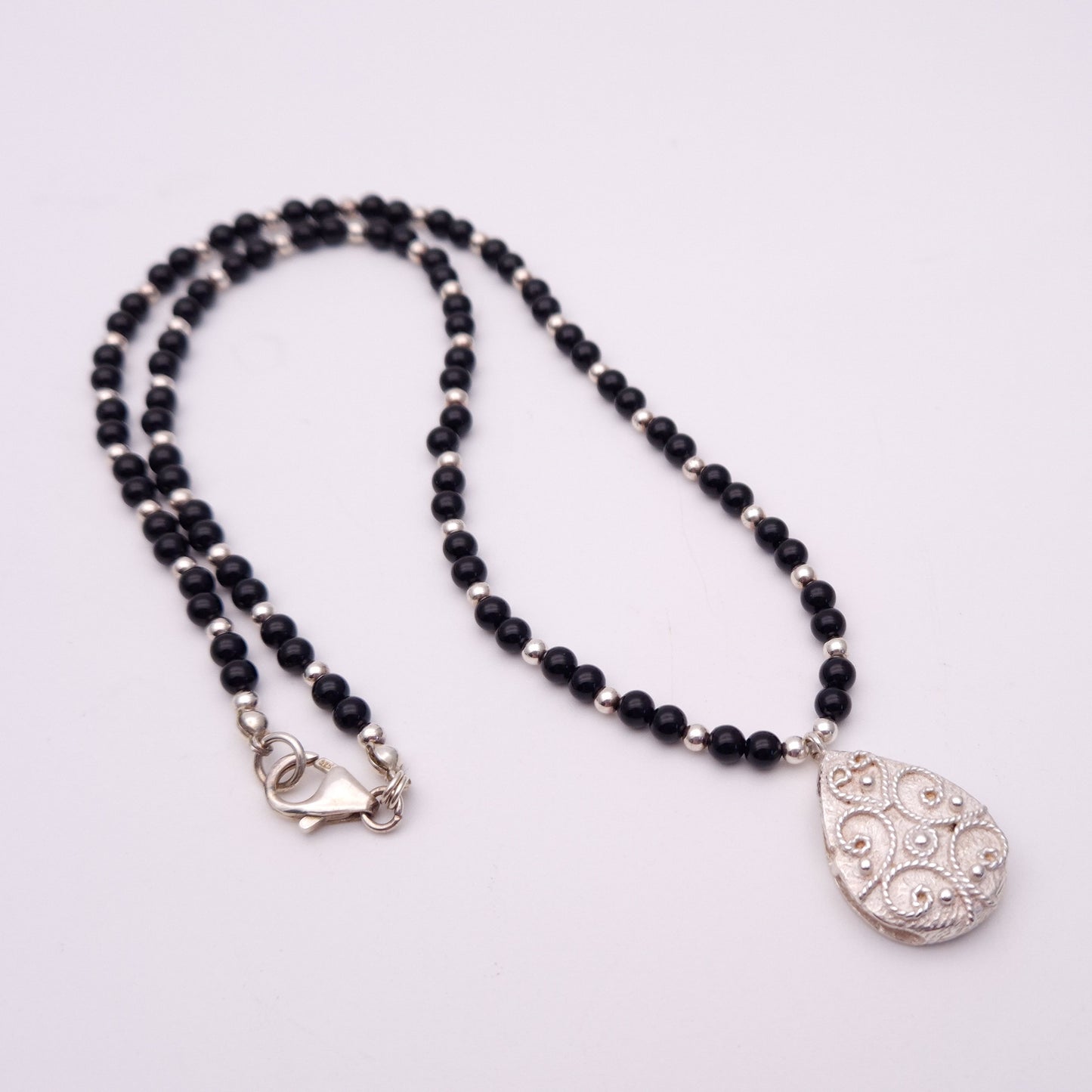 Sterling Silver and Onyx Beaded Necklace with pendant