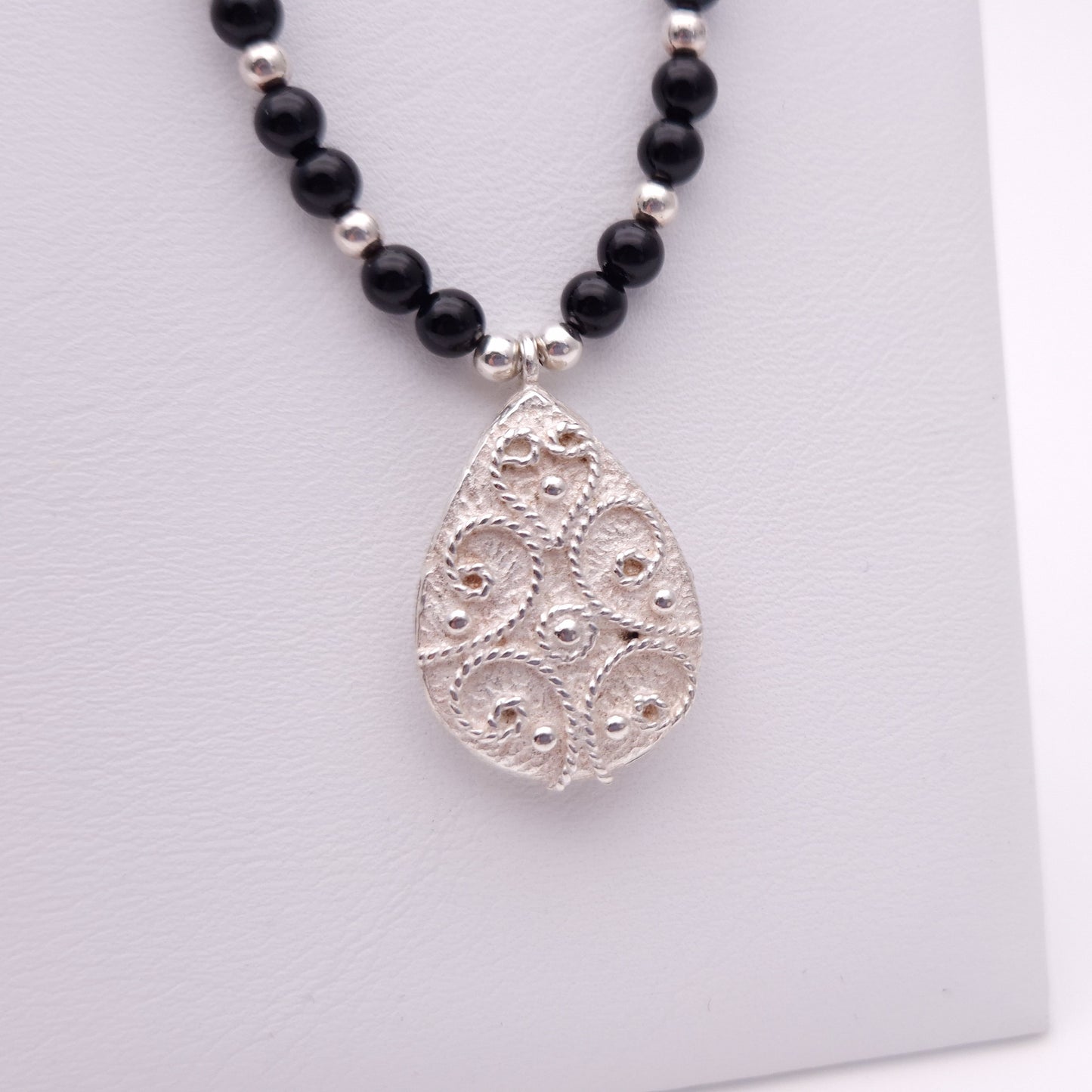 Sterling Silver and Onyx Beaded Necklace with pendant
