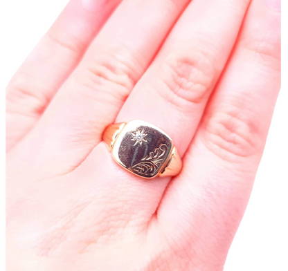 9ct Yellow Gold Square Shaped Diamond Set Gents Signet Ring