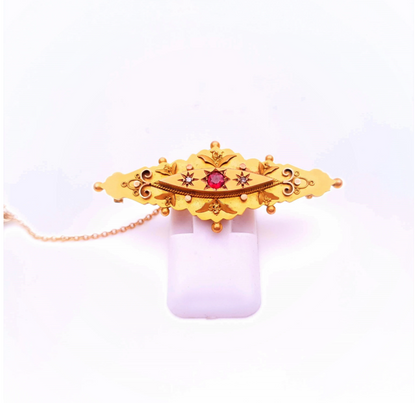 9ct Yellow gold Traditional Ruby and diamond Mourning Brooch ( Chester 1914)