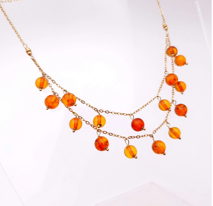9ct yellow gold drop amber bead multi strand necklace 17 inches
