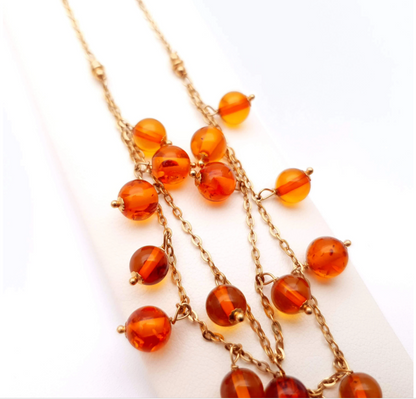 9ct yellow gold drop amber bead multi strand necklace 17 inches