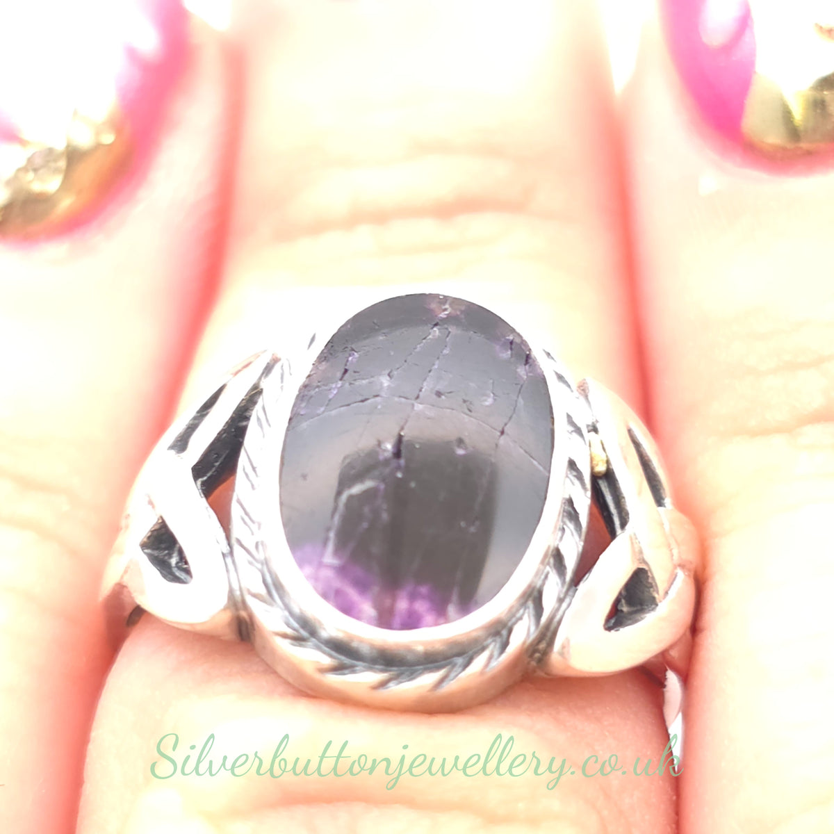 Sterling Silver Vintage Oval Cut Blue John Celtic Knot Shoulders Style Ring