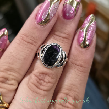 Sterling Silver Vintage Oval Cut Blue John Celtic Knot Shoulders Style Ring