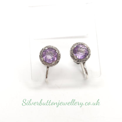Vintage / Antique Italian 800 Silver Round Cut Amethyst Screwback Earrings