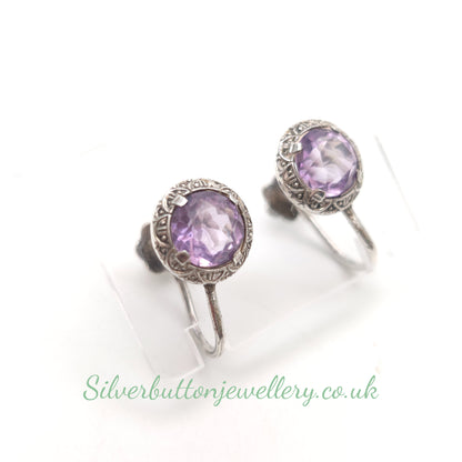 Vintage / Antique Italian 800 Silver Round Cut Amethyst Screwback Earrings
