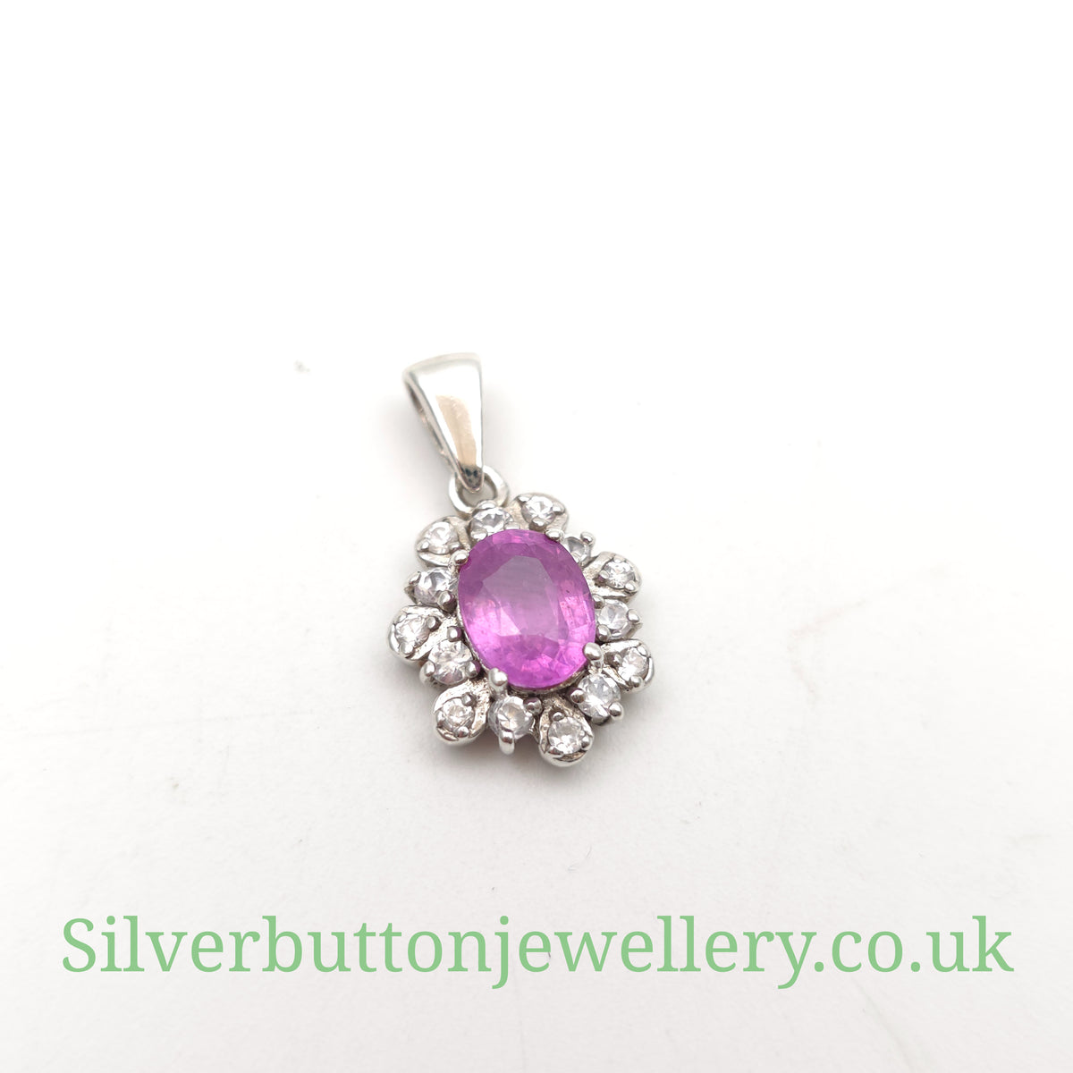 Sterling Silver Oval Cut Pink Sapphire And White Zircon Cluster Pendant Piece