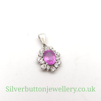 Sterling Silver Oval Cut Pink Sapphire And White Zircon Cluster Pendant Piece