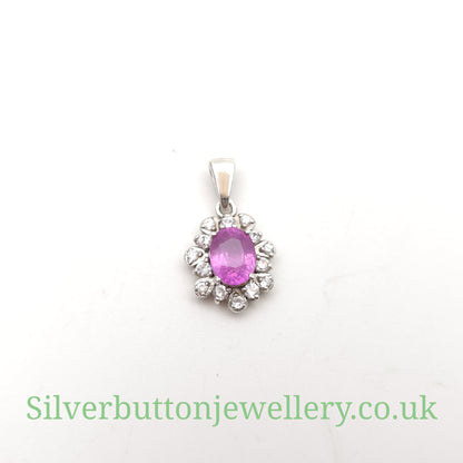Sterling Silver Oval Cut Pink Sapphire And White Zircon Cluster Pendant Piece