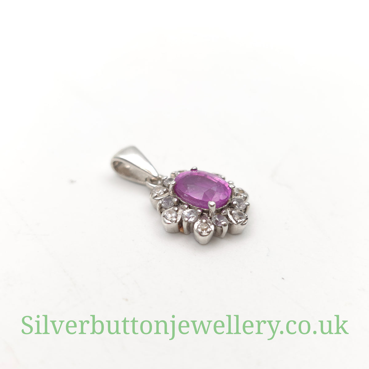 Sterling Silver Oval Cut Pink Sapphire And White Zircon Cluster Pendant Piece