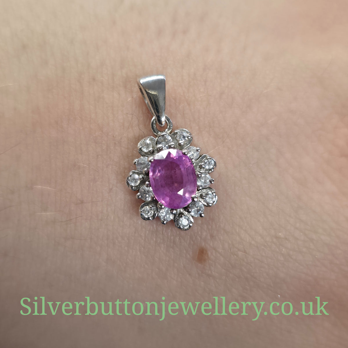 Sterling Silver Oval Cut Pink Sapphire And White Zircon Cluster Pendant Piece