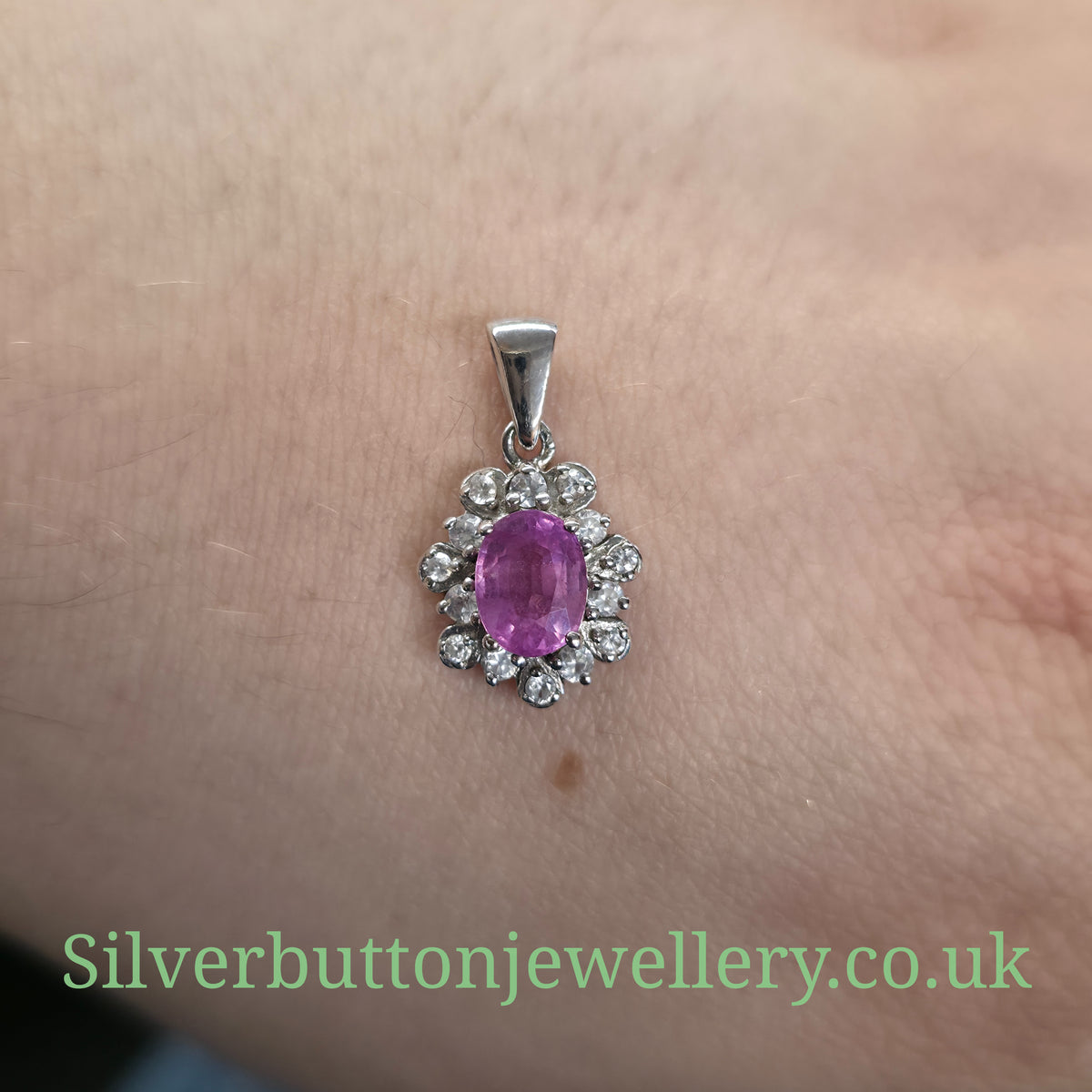 Sterling Silver Oval Cut Pink Sapphire And White Zircon Cluster Pendant Piece