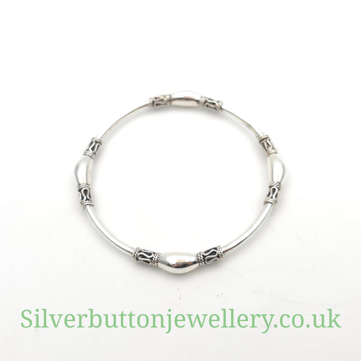 Sterling Silver Fancy Beaded Station Tube Bangle