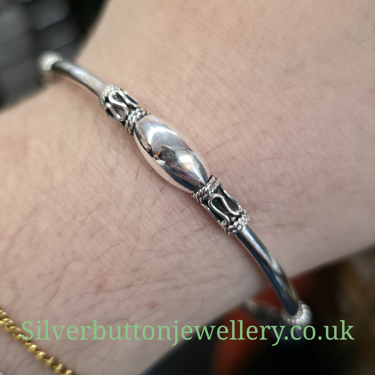 Sterling Silver Fancy Beaded Station Tube Bangle