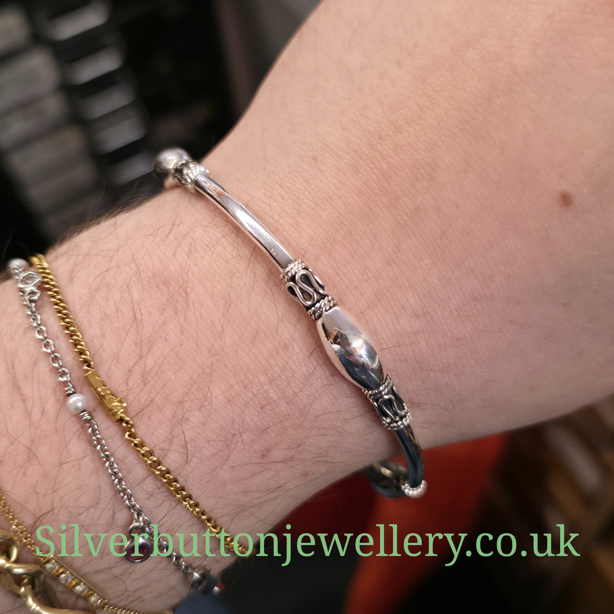 Sterling Silver Fancy Beaded Station Tube Bangle