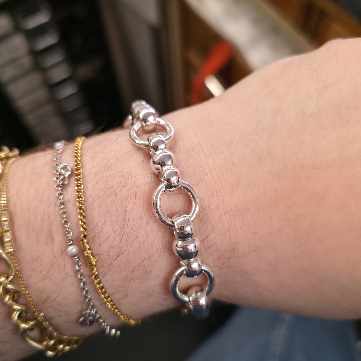 Sterling Silver Chunky Unique Link T-Bar Closure Bracelet
