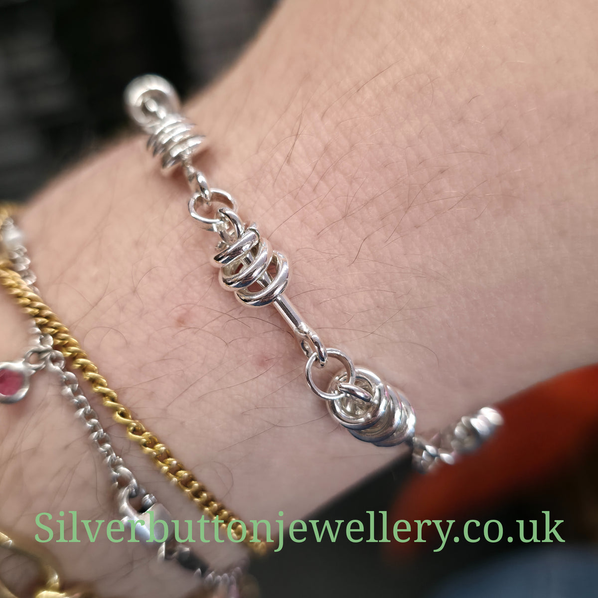 Sterling Silver Moving Jump Ring Trio Link T-Bar Closure Bracelet