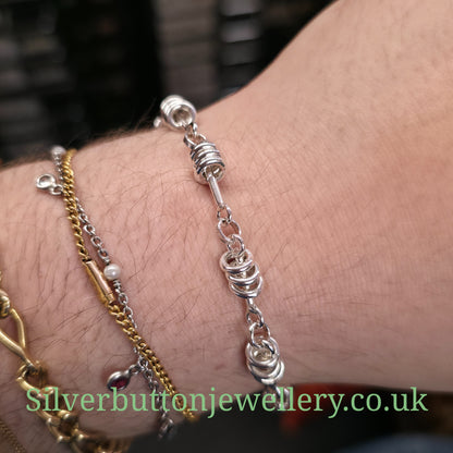 Sterling Silver Moving Jump Ring Trio Link T-Bar Closure Bracelet
