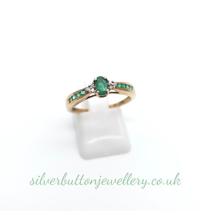 9ct Yellow Gold Emerald And Diamond With Channel Set Emerald Shoulders Ring